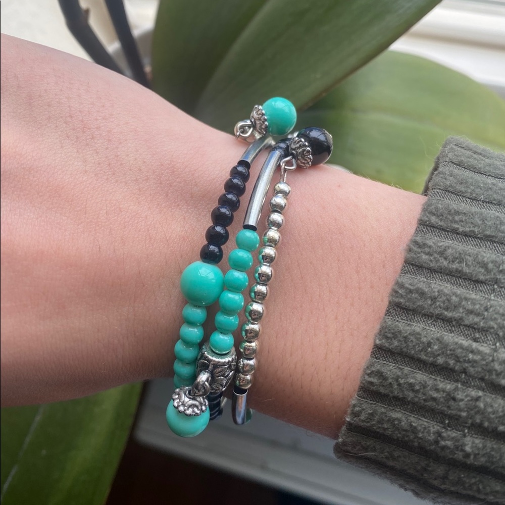 Paparazzi Turquoise Black Beaded Stretchy Bangle
